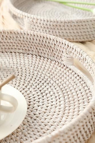 HITOMEN Hand-Woven Round Rattan Serving Tray Decorative Ottoman Wicker Platter with Handles for Coffee Table, Breakfast, Drinks, Snack, Bread, Fruit, Vegetables (Whitewash Set of 2: M+L)