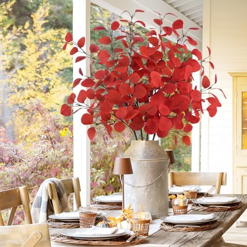 4Pcs Artificial Eucalyptus Leaves Stems 33.8‘’ Eucalyptus Plants Branches Greenery for Home Fireplace Farmhouse Party Wedding Table Bathroom Christmas Décor Red