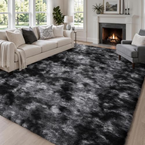 Ophanie Tie-Dyed Black & Grey Area Rugs 8x10 for Bedroom Living Room, Fluffy Shag Fuzzy Carpet, Plush Shaggy Rug