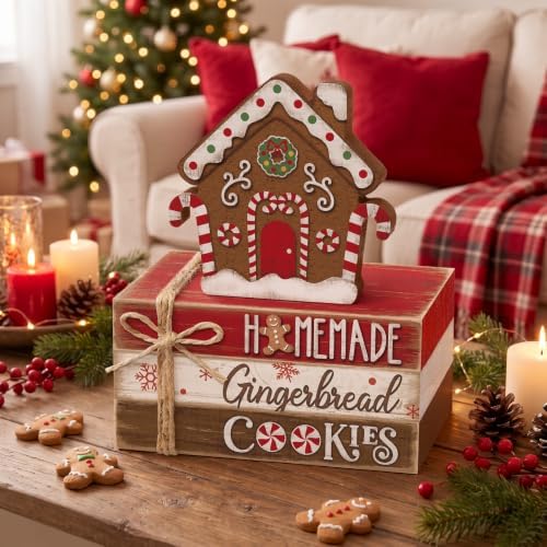 Geelin 4 Pcs Christmas Tiered Tray Decor Wooden Book Stack Signs, Gingerbread Christmas House Table Decor, Farmhouse Rustic Centerpieces for Shelf Coffee Bar Office Desk Decorations