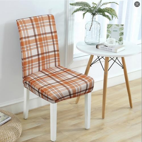 4Pcs Fall Plaid Chair Covers Set - Stretch Elastic Edge, Removable Orange Chair Protectors, Suitable for Dining Room/Kitchen Chairs