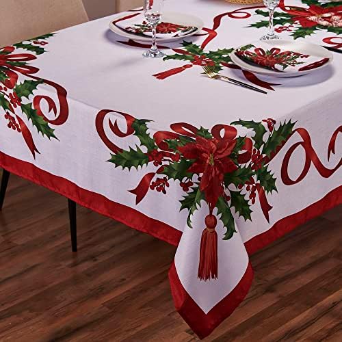 Kadut Christmas Ribbon Tablecloth (60 x 102 Inch) for 6 Foot Rectangle Tables, Heavy Duty Fabric, Stain Proof Xmas Ribbon Table Cloth for Harvest, Holiday, and Fall, & Christmas Dinner.