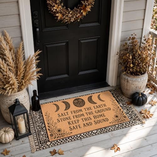 Witchy Halloween Door Mat, Gothic Blessing Rug with Moon for Front Door
