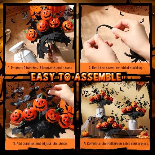 Thiccywoov 4 Sets Halloween Table Centerpiece Decorations Artificial Black Pumpkins Eucalyptus with Metal Vase Faux Pumpkins Plants in Pots for Halloween Trick or Treat Party Home Dining Table Decor