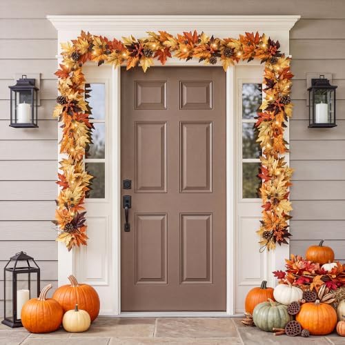 6FT Fall Garland with 30 Warm Lights & Timer & Gradient Maple Leaves