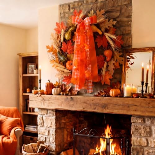 Riceshoot Fall Wreath Bow Orange Plaid Sash for Front Door Maple Leaf