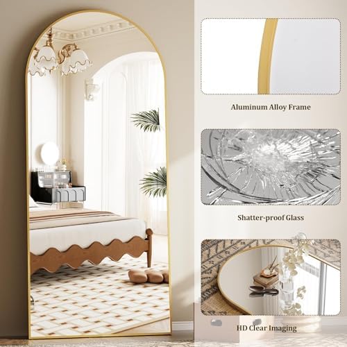 Prywot Full Length Mirror, Oversized 90"x46" Arched-Top Floor Mirror, Gold