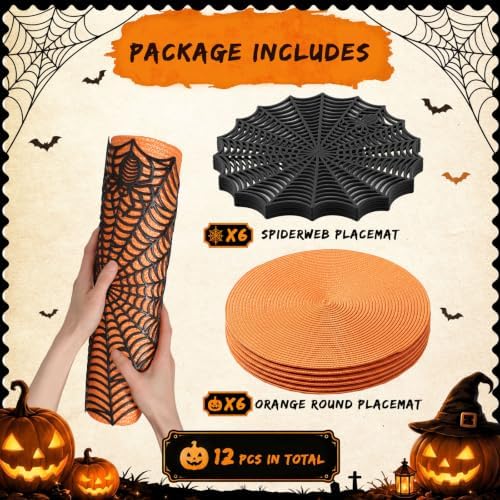 Pickmesh 12 Pcs Halloween Table Decor Orange Black Spiderweb Placemats