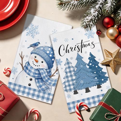 Hexagram Christmas Kitchen Towels, Blue Plaid Snowman Christmas Hand Towels