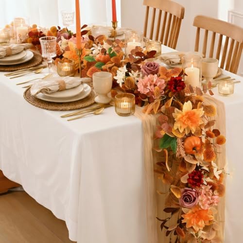 6FT Fall Garland for Mantle, Pumpkin Dahlia Garland Fall Decor