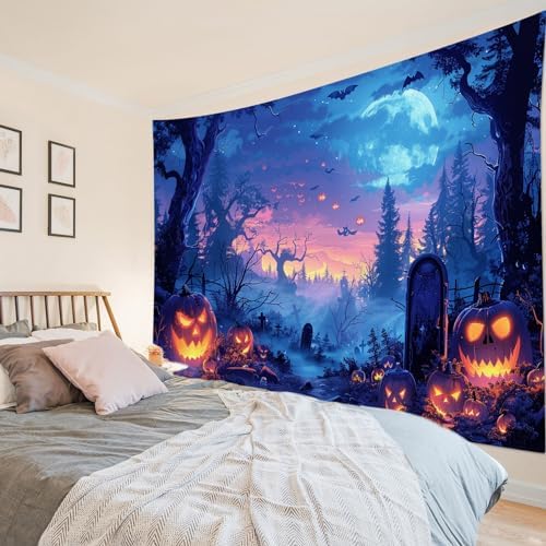 LB Spooky Halloween Tapestry Horror Pumpkin by Cemetery in Forest Wall Tapestry Scary Moon Night Tapestries for Bedroom Living Room College Dorm Wall Decor,78Wx60H inches