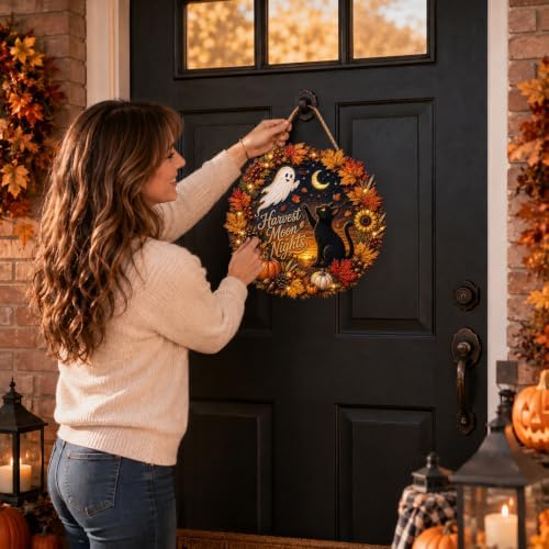 Halloween Harvest Moon Nights Fall Wreath Sign, Black Cat Ghost Wood Decor