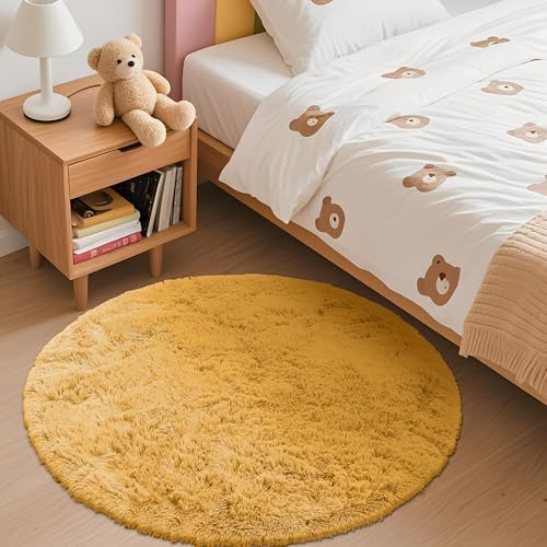 OLANLY Mustard Yellow Round Rugs for Bedroom - Machine Washable, 3 ft Circle Area Rugs for Living Room, Soft and Fluffy