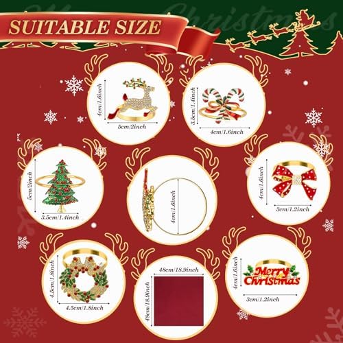 KPOSIYA Christmas Napkin Rings Set of 6 with 6 Cloth Napkin, Gold
