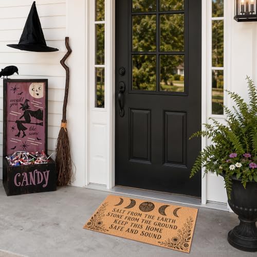 Witchy Halloween Door Mat, Gothic Blessing Rug with Moon for Front Door
