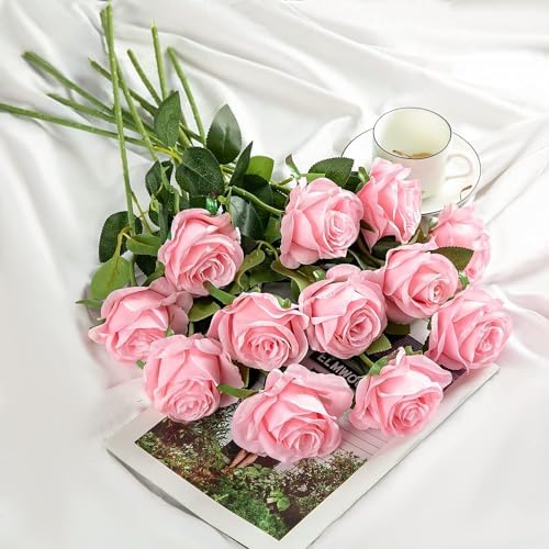 Pink Fake Roses Artificial Flowers - 10 Pcs Fake Artificial Roses Silk Flowers with Stems for Home Wedding Hotel Office Centerpiece Decor