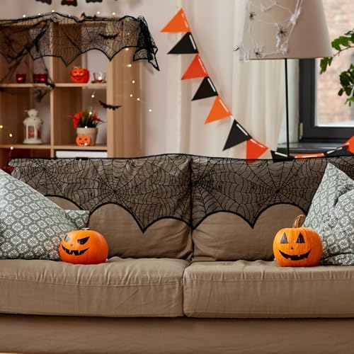 Halloween Mantle Scarf Fireplace Cover 18 x 96 inch Black Lace Cobweb Fireplace Mantle Scarf Cover for Halloween Decorations Festive Party Supplies Decor