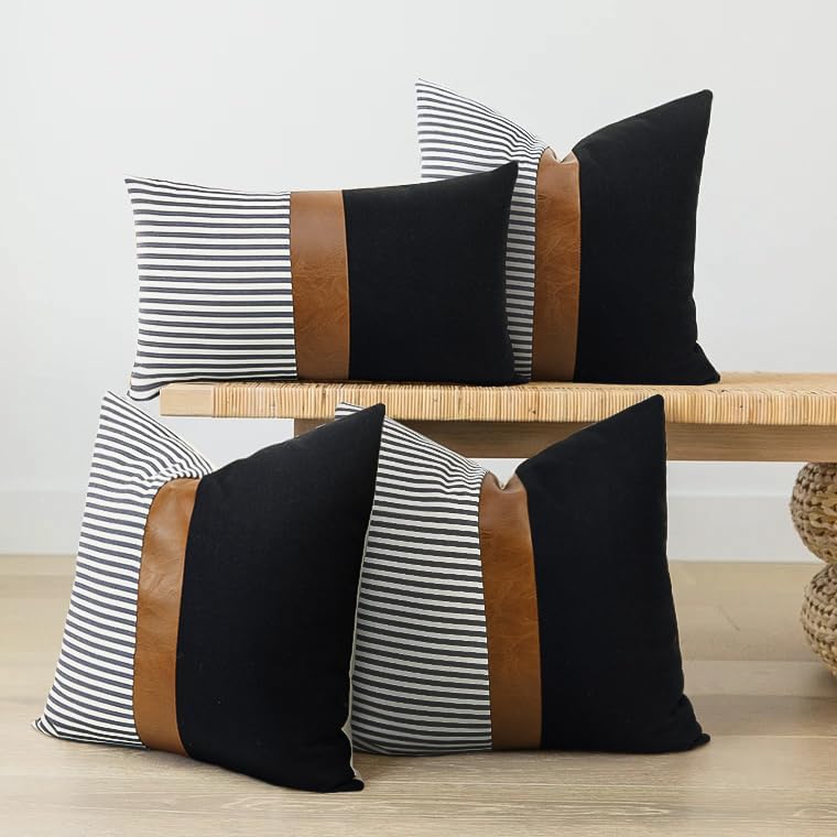 Modern Tan Faux Leather Accent Pillow Covers / Black Linen and Grey Stripe / 18 x 18 / Set of 2