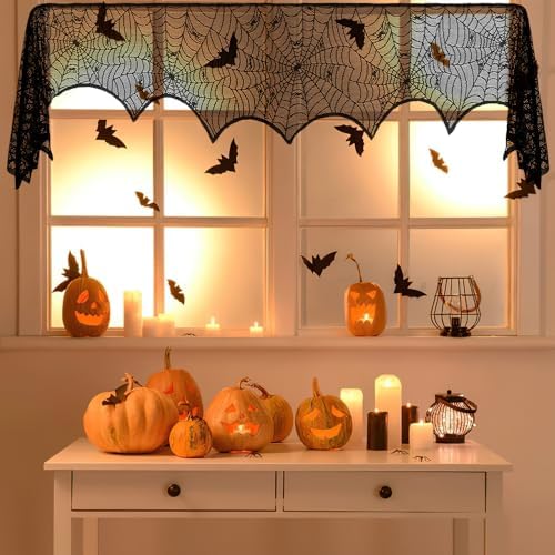 Halloween Fireplace Decoration Mantel Decoration, Cobweb Fireplace Scarf Black Lace Spiderweb Fireplace Mantel Cover for Halloween Party Supplies, Halloween Decorations Indoor Halloween Decor
