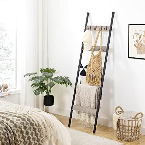 HOOBRO Blanket Ladder, 5-Tier Towel Rack with Hooks, Wall-Leaning Blanket Rack, Decorative Display Ladder Shelf