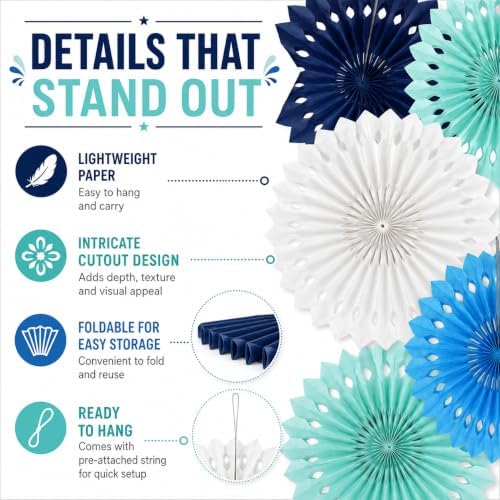 Blue White Hanging Honeycomb Round Paper Fans Decoration Kit for Baby Boy Shower Birthday Navy Ocean Wedding Under The Sea Theme Photo Booth Backdrops Paper Party Supplies 11 Count