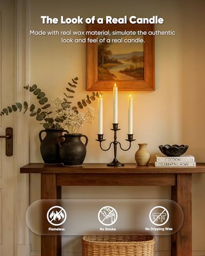 Homemory 6 Pcs Wax Flameless Taper Candles with Remote Timer and Dimmer, White Candle Sticks Battery Operated, LED Window Candles with Flickering Light, 9.6 Inches for Wedding Home Indoor Decoration