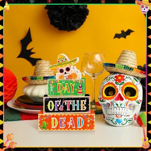 Britimes Skull Day Tiered Tray Decor Set, 4 Pack, Wooden Table Sign