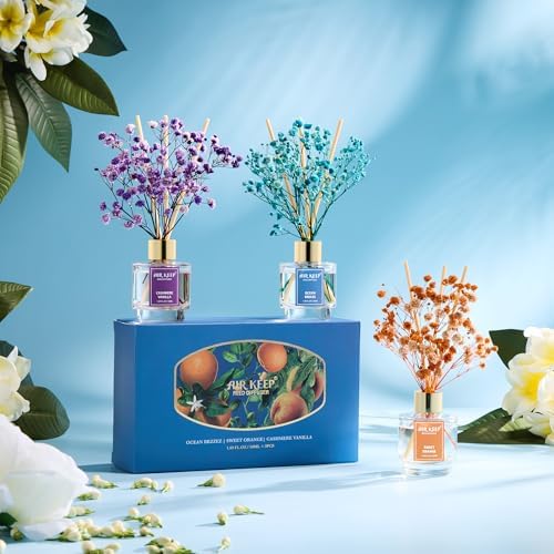 Airkeep Reed Diffuser Set of 3, Ocean Breeze Sweet Orange Cashmere Vanilla Oil Reed Diffusers for Bedroom Living Room