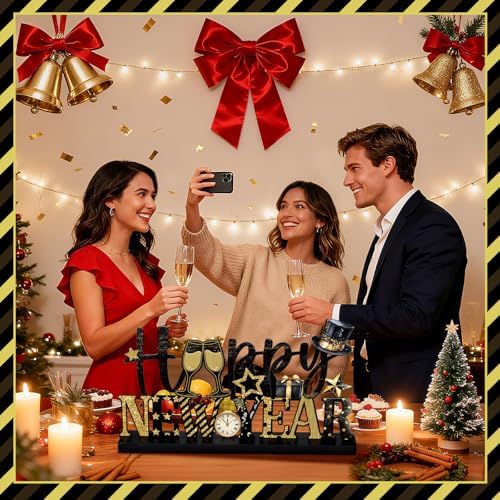 Cinnvoice Happy New Year Table Decoration Metal New Year Letter Sign 2026 Black and Gold Table Centerpieces with Wooden Base for Home Tiered Tray Centerpiece Mantel Shelf Fireplace Eve Party Supplies