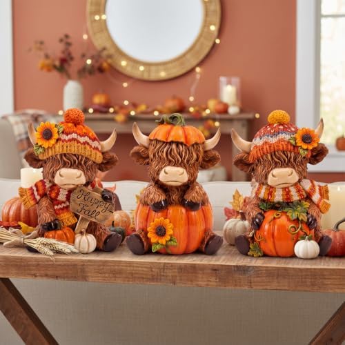 Simgoing 3 Pcs Happy Fall Highland Cow Figurines Pumpkin and Sunflower Cow