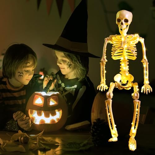 2 Pack 24 Inches Halloween Skeleton, LED Light Up Pose-N-Stay Halloween Skeleton Full Body Posable Movable Jonints for Halloween Decoration