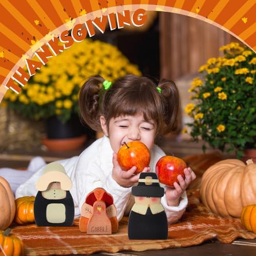 Colingmill 3 Pcs Thanksgiving Decor Fall Pilgrim Turkey Wooden Tabletop