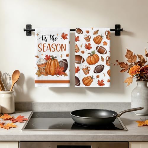 Fall Kitchen Towels - Football and Pumpkins Waffle Kitchen Decor