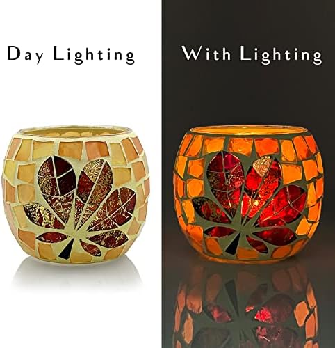 SHMILMH Fall Votive Candle Holder Set of 4, Mosaic Glass tealight Holders with Maple Leave for Halloween Thanksgiving Party Decorations