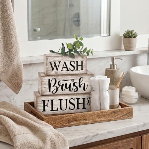 Moucuny 3 Pcs Bathroom Decor Wooden Block Signs Farmhouse Rustic