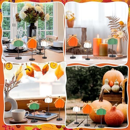 Thyle 3 Pcs Fall Pumpkin Decor, Wooden, Orange, Green, White
