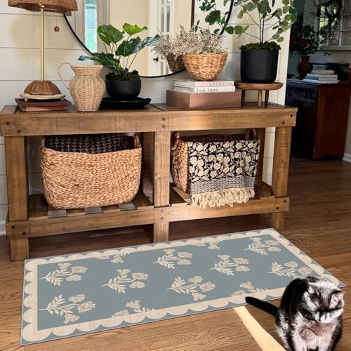 Front Door Mat Indoor Entrance - 2x4.3 Ft Floral Washable Layered Doormat Outdoor Entrance Porch Rug Non-Slip Blue
