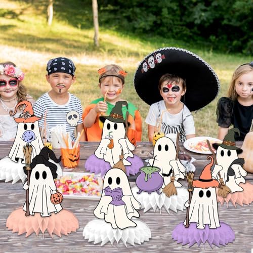 Halloween Ghost Honeycomb Centerpiece,9Pcs Cute Ghost Table Decorations Pink Spooky Pumpkin Broom Signs Table Centerpieces for Halloween Ghost Decor Party Baby Shower Indoor