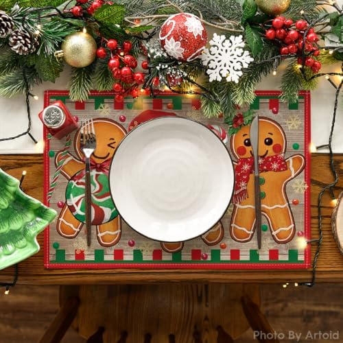 Artoid Mode Wood Gingerbread Candy Cane Christmas Placemats for Dining Table, 12 x 18 Inch Seasonal Winter Washable Table Mats Set of 4