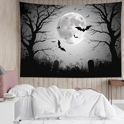 LB Grey Halloween Tapestry Black Bat Dead Tree at Cemetery Wall Tapestry for Bedroom Horror Full Moon Night Tapestries Wall Hanging for Living Room College Dorm Wall Decor,60Wx40H inches