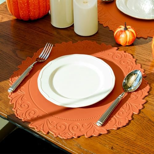 Round Faux Leather Placemats Set of 4, Dining Table Mats, Pumpkin Orange