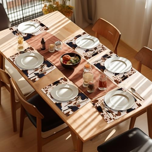 Cow Print Placemats Set of 6,Washable Heat Resistant 12×18 Inch Linen Table Mats Farmhouse Place Mats for Party Outdoor Dining Décor