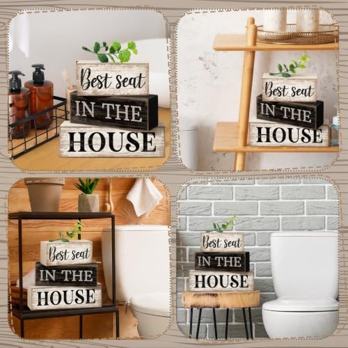 Moucuny 4 Pcs Bathroom Shelf Decor Sign Best Seat In The House Wooden Block
