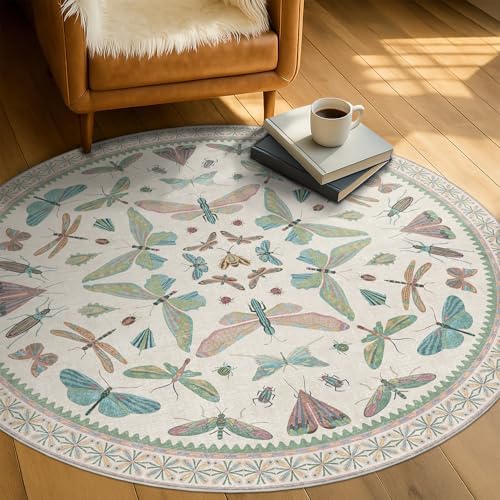 Insect Light Green 5ft Round Area Rug for Living Room - Washable Floral Fun Kids Rugs for Bedroom, Playroom, Boho &
