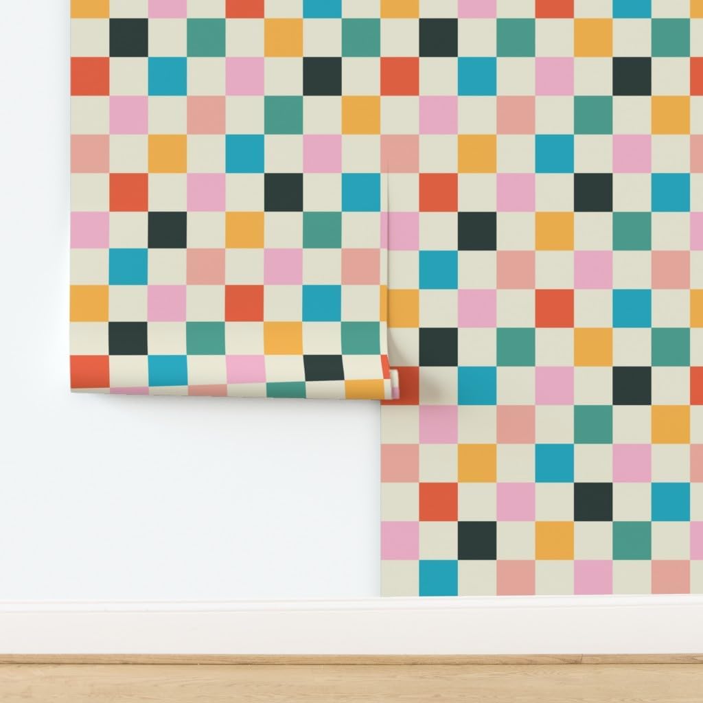 Retro Checkerboard Orange Modern Multicolor Checker Custom Removable / 24 x 144 / Roll / Pink
