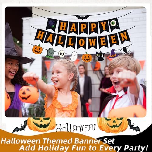Happy Halloween Banner Garland – Black and Orange Hanging Decoration with Pumpkins, Ghost, Skull, Cat, Witch Hat, Bat, and Spider for Halloween Party, Classroom, Home, Wall, and Photo Booth Decor