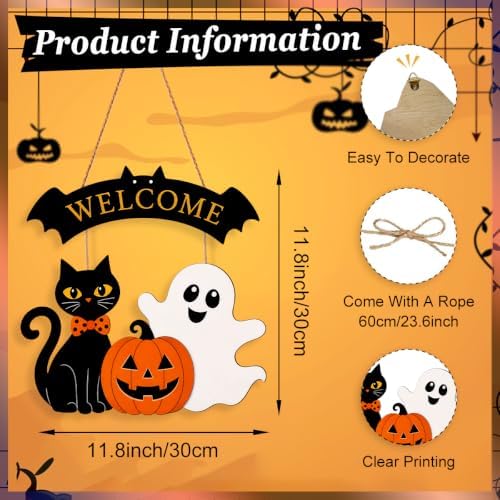 Halloween Welcome Wreath for Front Door Wooden Black Cat Ghost Door Decor