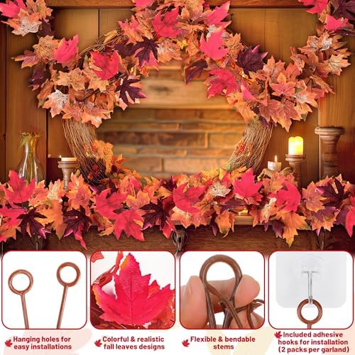 2Pack 11.8FT Fall Maple Leaf Garland for Mantle Thanksgiving Decorations