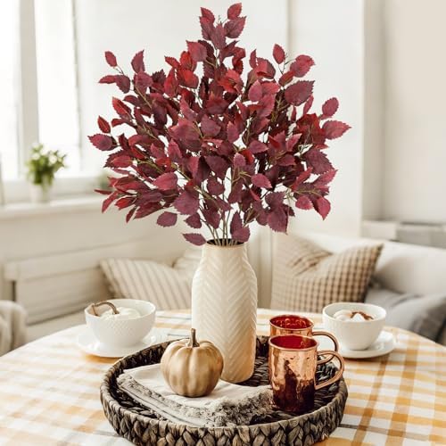 Artificial Fall Birch Leaves Stem - 6 Pcs Faux Autumn Greenery Long Stems 33.4" Tall Fake Plants with Branches Decorations for Thanksgiving Wedding Centerpieces Home Table Decor Floral Arrangements
