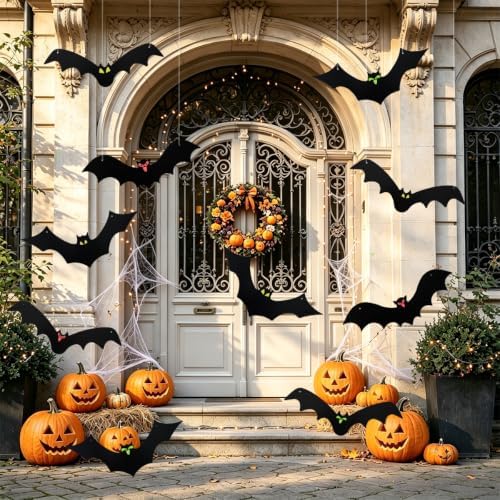 JoFAN 12 Pack Halloween Hanging Bats 3D Realistic Spooky Black Flying Bat for Halloween Decorations Outdoor Indoor Yard Lawn Halloween Party Supplies